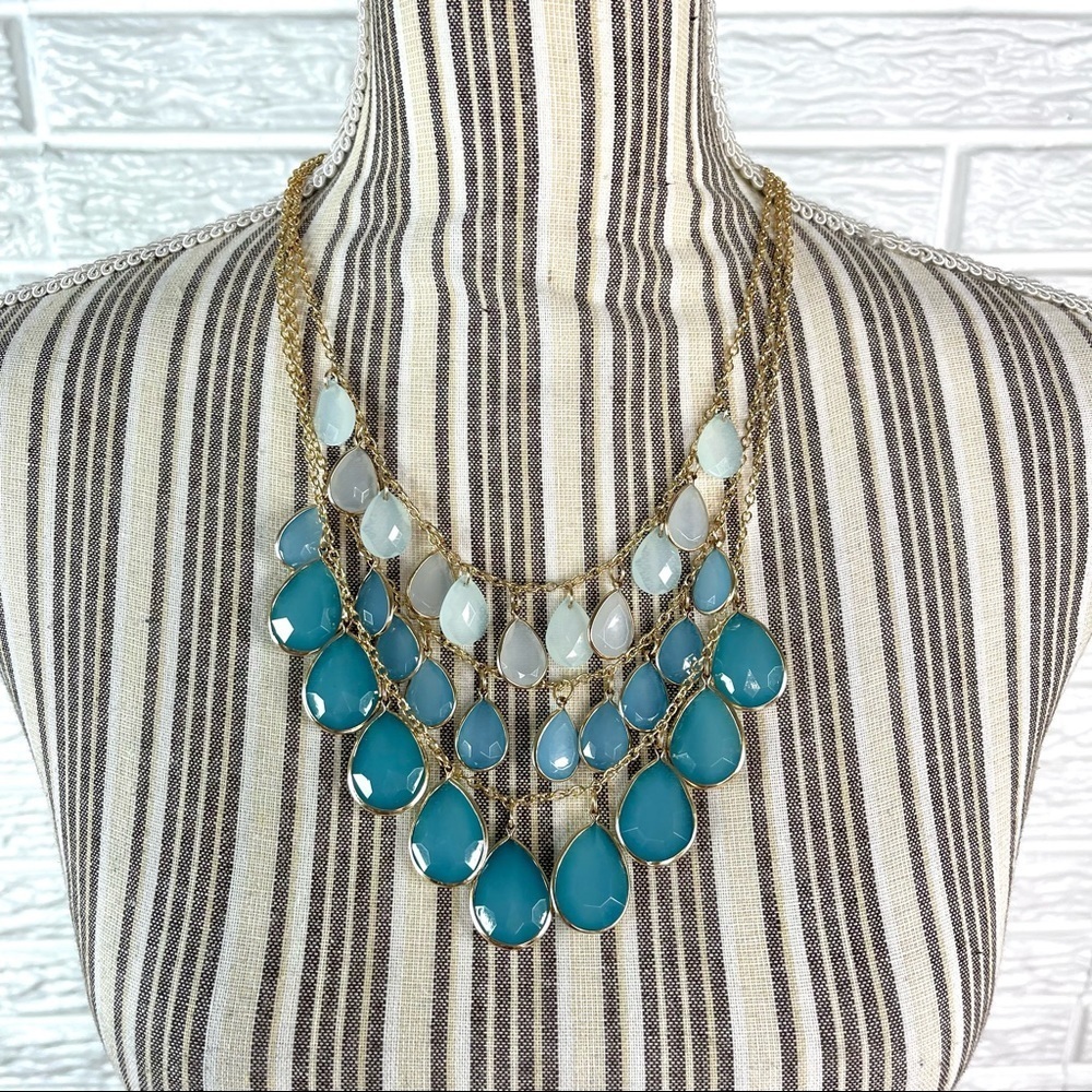 Tear Drop Layered Tiered Statement Bib Necklace Light Blue Teal Gold Tone Chain - Picture 1 of 4